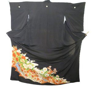 Japanese Kimono Silk Houmongi Vintage Black Multi Floral Copper Metallic 62 inch